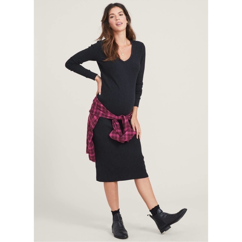 Hatch Silvia Ribbed Knit Long Sleeve Bodycon V-Neck Midi Dress